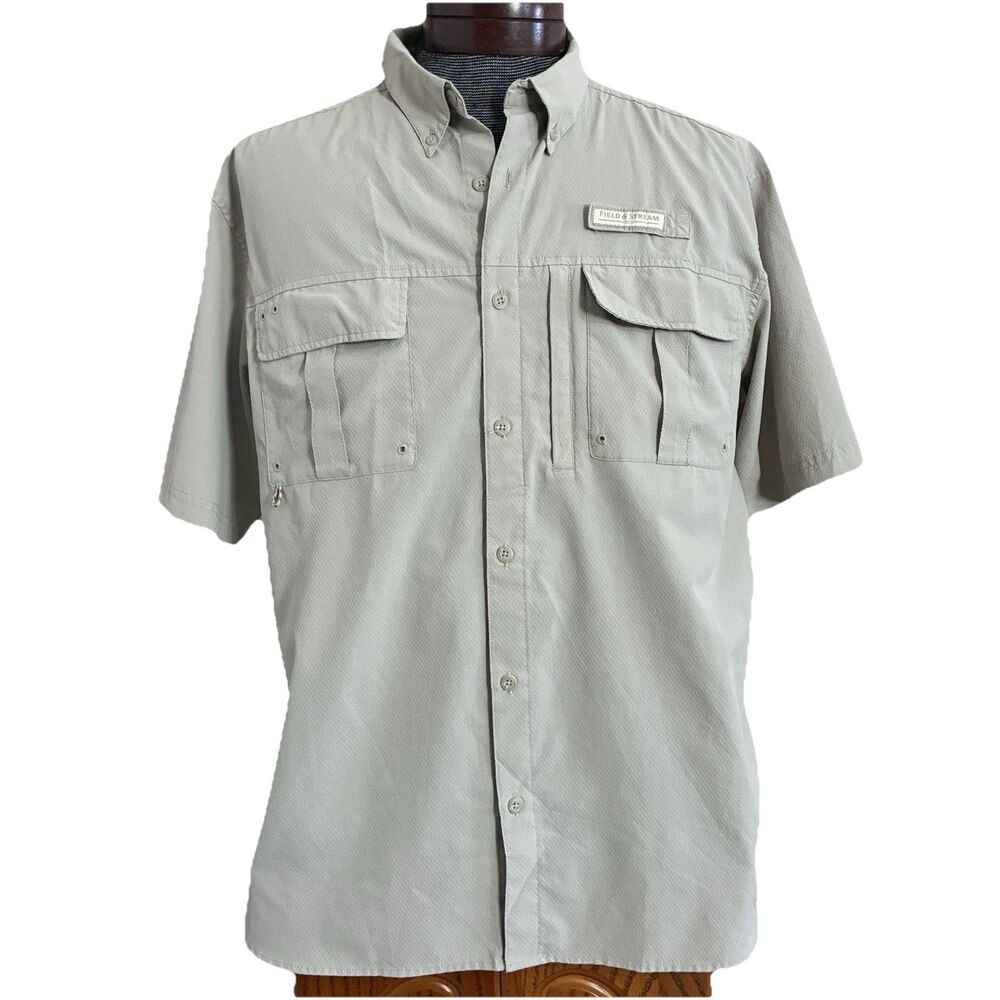 Men's Field and Stream Button Front Tan Fishing Shirt Short Sleeve